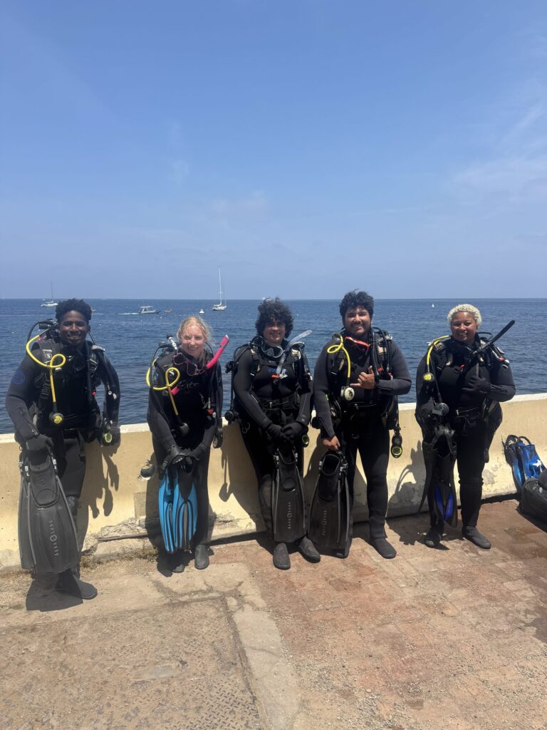 Dive cohort in wetsuits on a seawall — Black Tech Link BIPOC Coastal Research Program (BCRP)