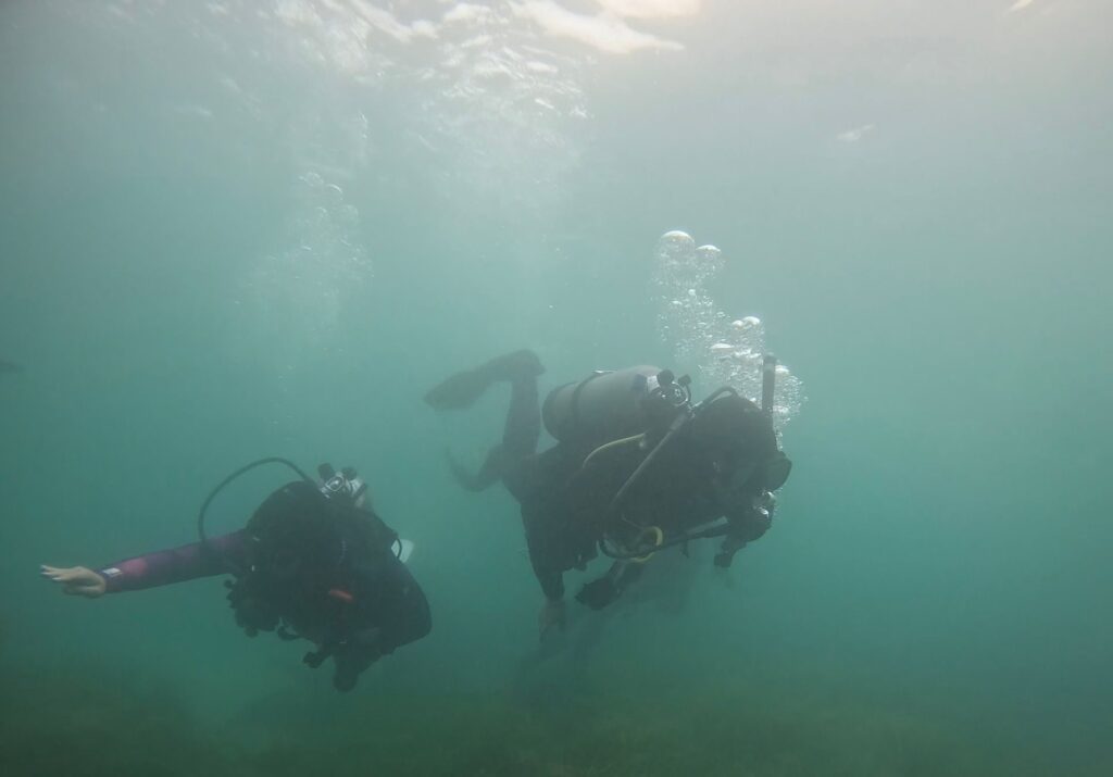 Two scuba divers underwater on a research dive — Black Tech Link BIPOC Coastal Research Program (BCRP)