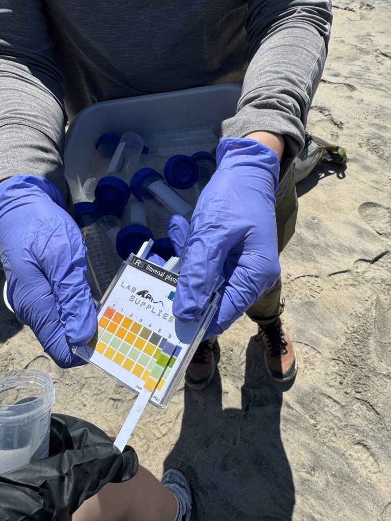 Gloved hands with a water-quality test chart — Black Tech Link BIPOC Coastal Research Program (BCRP)